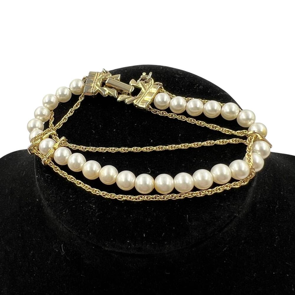 Vintage Goldette New York Faux White Pearls Strand Gold Tone Chain Bracelet 7.5"